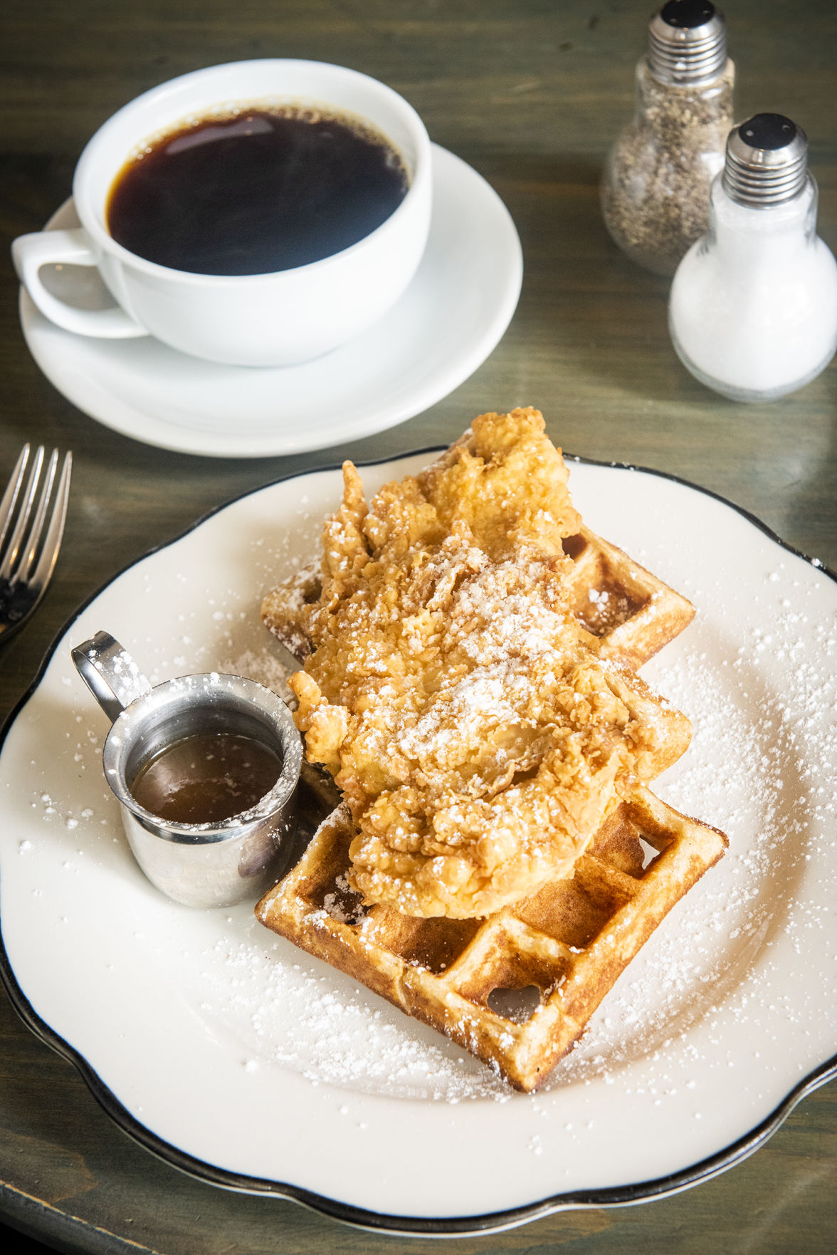 Chicken and waffles with apple cider gravy